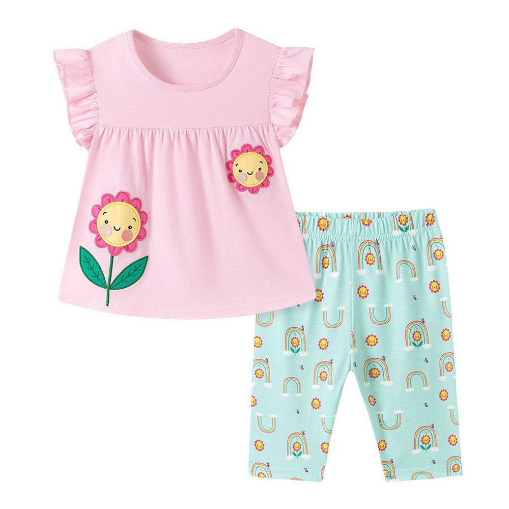 MyKids-USA® Summer Hot Selling Baby Kids Girls Short Sleeves Flowers Cartoon Pattern T-shirt and Pants Clothing Set