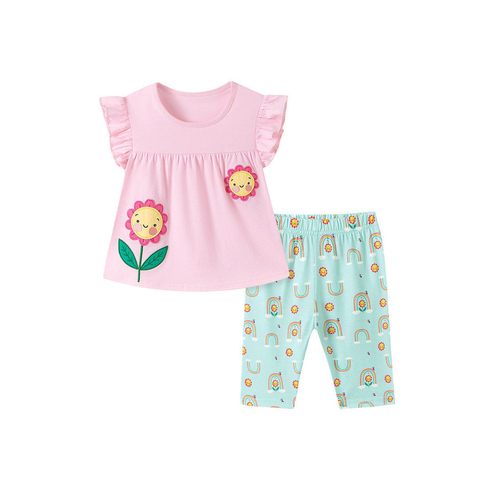 MyKids-USA® Summer Hot Selling Baby Kids Girls Short Sleeves Flowers Cartoon Pattern T-shirt and Pants Clothing Set