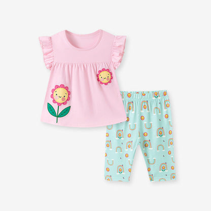 MyKids-USA® Summer Hot Selling Baby Kids Girls Short Sleeves Flowers Cartoon Pattern T-shirt and Pants Clothing Set