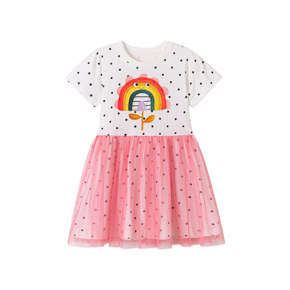 MyKids-USA® Rainbow Cartoon and Dots Pattern Short Sleeves Dress for Stylish Girls
