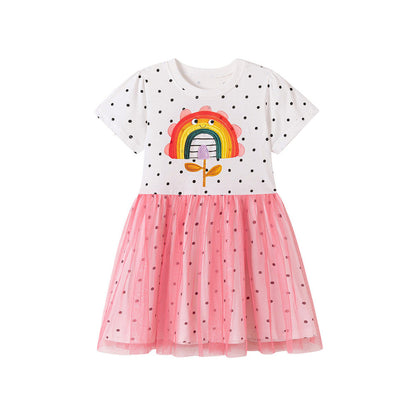 MyKids-USA® Rainbow Cartoon and Dots Pattern Short Sleeves Dress for Stylish Girls