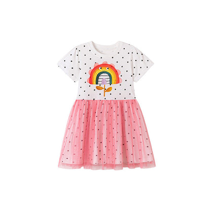 MyKids-USA® Rainbow Cartoon and Dots Pattern Short Sleeves Dress for Stylish Girls