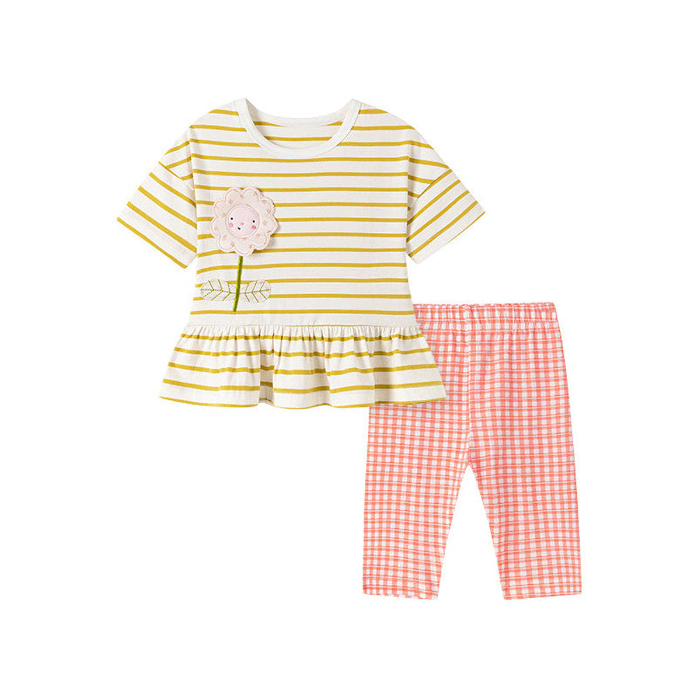MyKids-USA® Summer Hot Selling Baby Kids Girls Short Sleeves Striped Pattern T-shirt and Plaid Pants Clothing Set