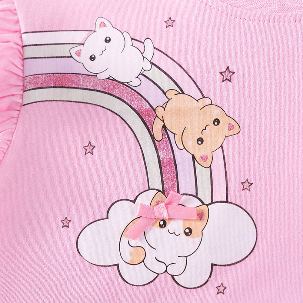 MyKids-USA® Summer Hot Selling Baby Kids Girls Short Sleeves Rainbow Cartoon Pattern T-shirt and Plain Pants Clothing Set