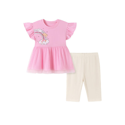 MyKids-USA® Summer Hot Selling Baby Kids Girls Short Sleeves Rainbow Cartoon Pattern T-shirt and Plain Pants Clothing Set