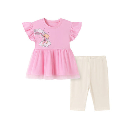MyKids-USA® Summer Hot Selling Baby Kids Girls Short Sleeves Rainbow Cartoon Pattern T-shirt and Plain Pants Clothing Set