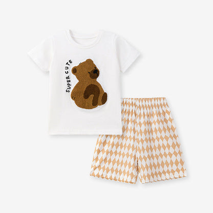 MyKids-USA® Summer Hot Selling Baby Kids Girls Short Sleeves Teddy Bear Pattern T-shirt and Argyle Shorts Clothing Set
