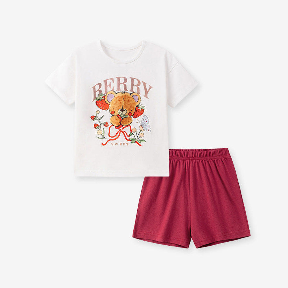 MyKids-USA® Summer Hot Selling Baby Kids Girls Short Sleeves Teddy Bear Pattern T-shirt and Plain Shorts Clothing Set