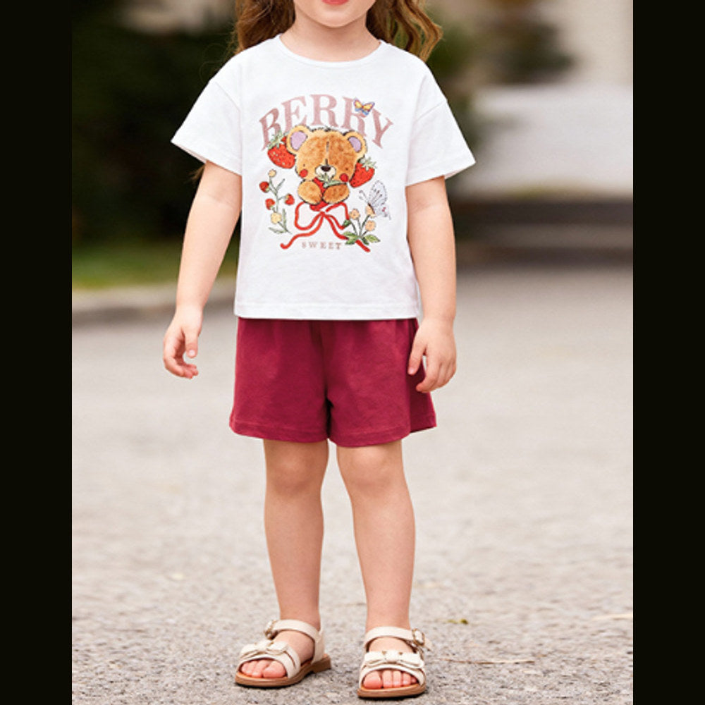 MyKids-USA® Summer Hot Selling Baby Kids Girls Short Sleeves Teddy Bear Pattern T-shirt and Plain Shorts Clothing Set