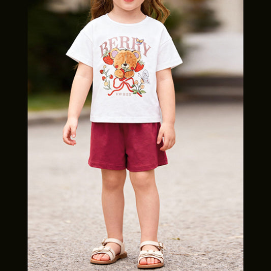 MyKids-USA® Summer Hot Selling Baby Kids Girls Short Sleeves Teddy Bear Pattern T-shirt and Plain Shorts Clothing Set