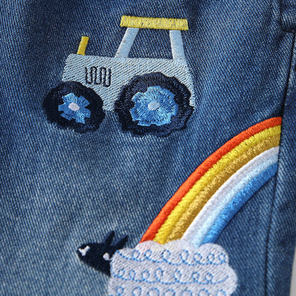 MyKids-USA® Baby Kids Girls Cartoon Embroidered Pattern Denim Pants