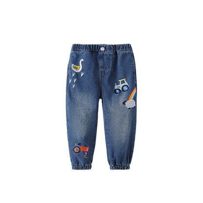 MyKids-USA® Baby Kids Girls Cartoon Embroidered Pattern Denim Pants