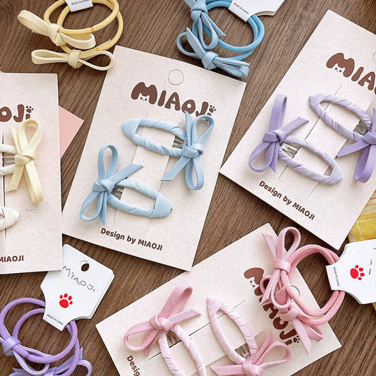 MyKids-USA® Collection of 2 Butterfly-bow Decorated Hair Clips and Hair Ties