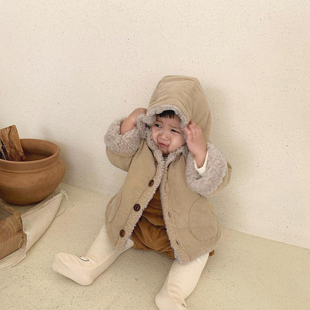 MyKids-USA® Baby Kids Unisex Corduroy Fleece-Lined Hooded Coat