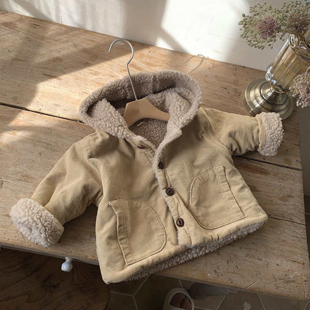 MyKids-USA® Baby Kids Unisex Corduroy Fleece-Lined Hooded Coat