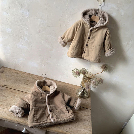 MyKids-USA® Baby Kids Unisex Corduroy Fleece-Lined Hooded Coat