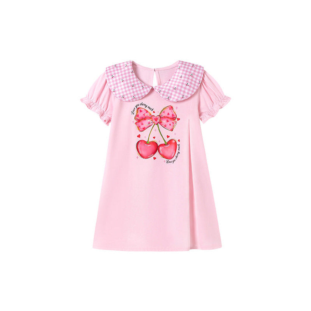 MyKids-USA® Cherry and Butterfly-bow Pattern Short Sleeves Dress for Stylish Girls