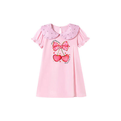 MyKids-USA® Cherry and Butterfly-bow Pattern Short Sleeves Dress for Stylish Girls