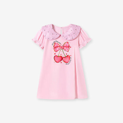 MyKids-USA® Cherry and Butterfly-bow Pattern Short Sleeves Dress for Stylish Girls