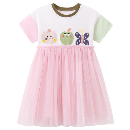MyKids-USA® Cartoon Pattern Color Patchwork Short Sleeves Dress for Stylish Girls