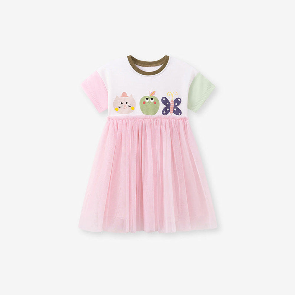 MyKids-USA® Cartoon Pattern Color Patchwork Short Sleeves Dress for Stylish Girls