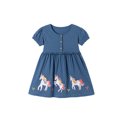 MyKids-USA® Cartoon and Dots Pattern Short Sleeves Dress for Stylish Girls