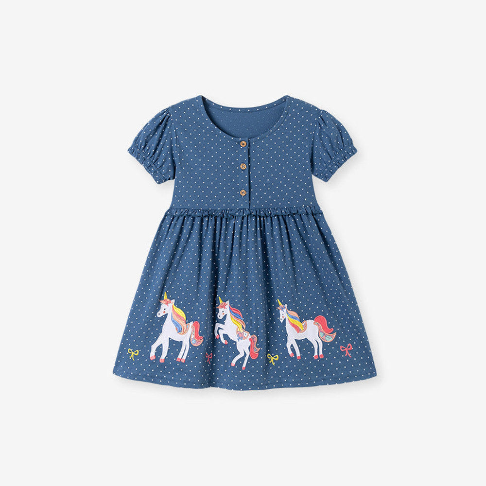 MyKids-USA® Cartoon and Dots Pattern Short Sleeves Dress for Stylish Girls