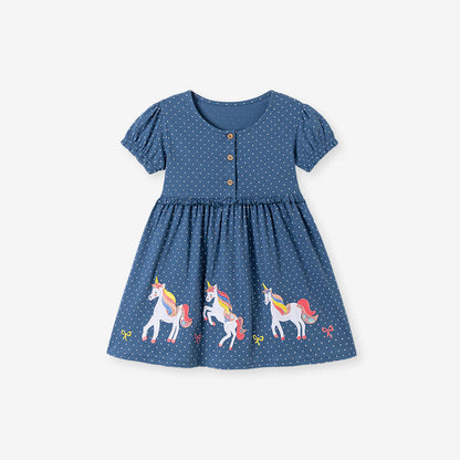 MyKids-USA® Cartoon and Dots Pattern Short Sleeves Dress for Stylish Girls