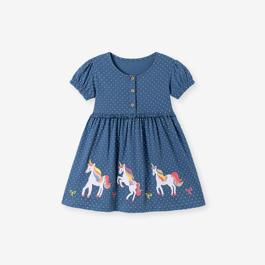 MyKids-USA® Summer Arrival Cartoon and Dots Pattern Short Sleeves Dress for Stylish Girls