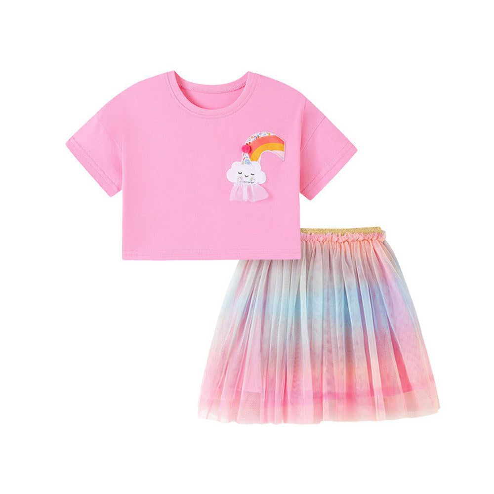 MyKids-USA® Baby Kids Girls Short Sleeves Cartoon Pattern T-shirt and Tulle Skirt Clothing Set