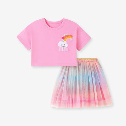 MyKids-USA® Baby Kids Girls Short Sleeves Cartoon Pattern T-shirt and Tulle Skirt Clothing Set