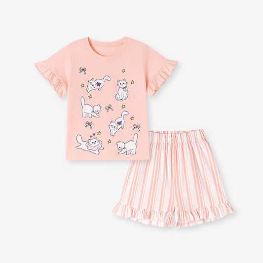 MyKids-USA® Summer Hot Selling Baby Kids Girls Short Sleeves Animals Pattern T-shirt and Striped Shorts Clothing Set