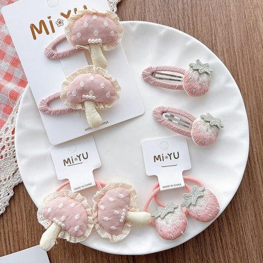 MyKids-USA® Collection of 2 Fruits Pattern Decorated Hair Clips and Hair Ties