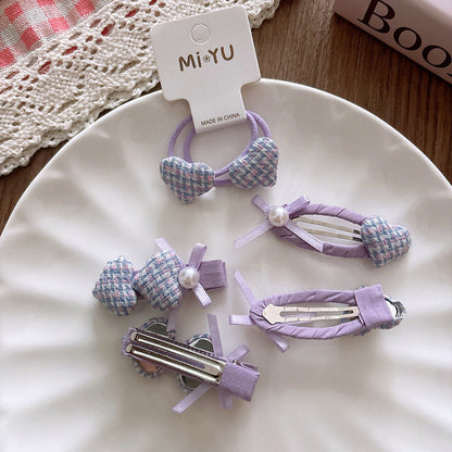 MyKids-USA® Collection of 2 Purple Heart Pattern Decorated Hair Clips and Hair Ties