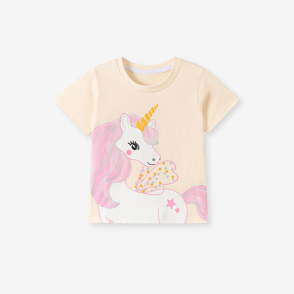 MyKids-USA® Baby Kids Girls Short Sleeves Unicorn Cartoon Pattern T-shirt and Plain Shorts Clothing Set