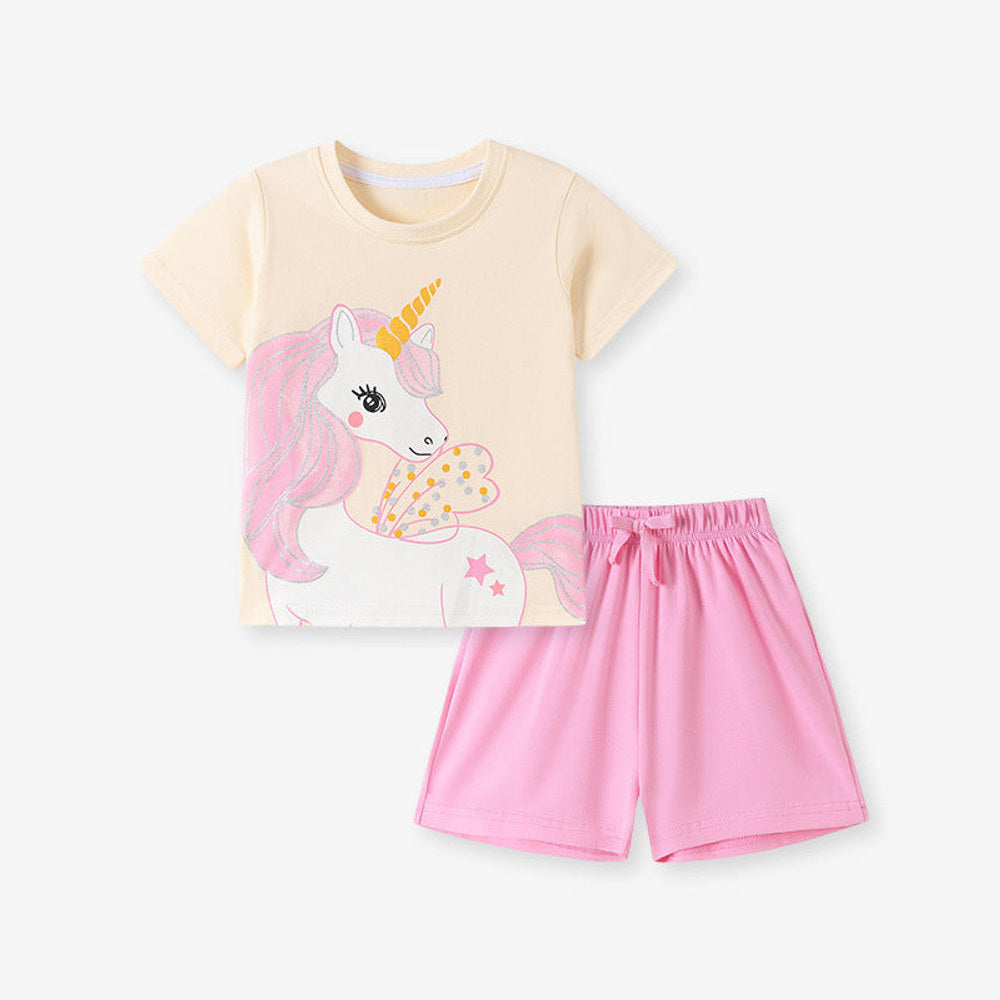 MyKids-USA® Baby Kids Girls Short Sleeves Unicorn Cartoon Pattern T-shirt and Plain Shorts Clothing Set