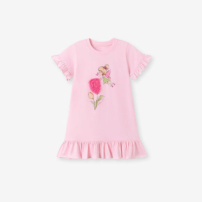 MyKids-USA® Flowers and Cartoon Pattern Short Sleeves Dress for Stylish Girls
