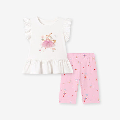 MyKids-USA® Summer Hot Selling Baby Kids Girls Fly Sleeves Cartoon Pattern T-shirt and Pants Clothing Set