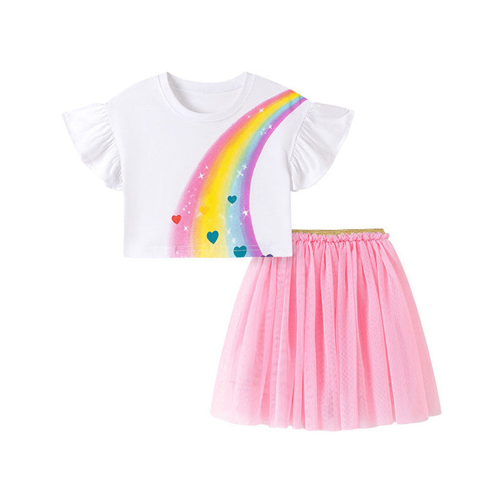 MyKids-USA® Summer Hot Selling Baby Kids Girls Short Sleeves Rainbow and Hearts Pattern T-shirt and Pink Skirt Clothing Set