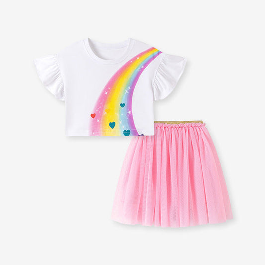 MyKids-USA® Summer Hot Selling Baby Kids Girls Short Sleeves Rainbow and Hearts Pattern T-shirt and Pink Skirt Clothing Set