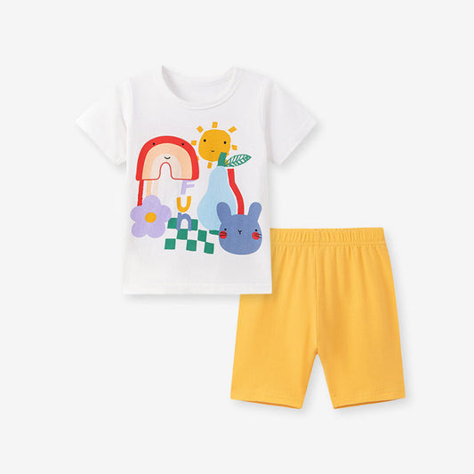 MyKids-USA® Summer Hot Selling Baby Kids Girls Short Sleeves Cartoon Pattern T-shirt and Plain Shorts Clothing Set