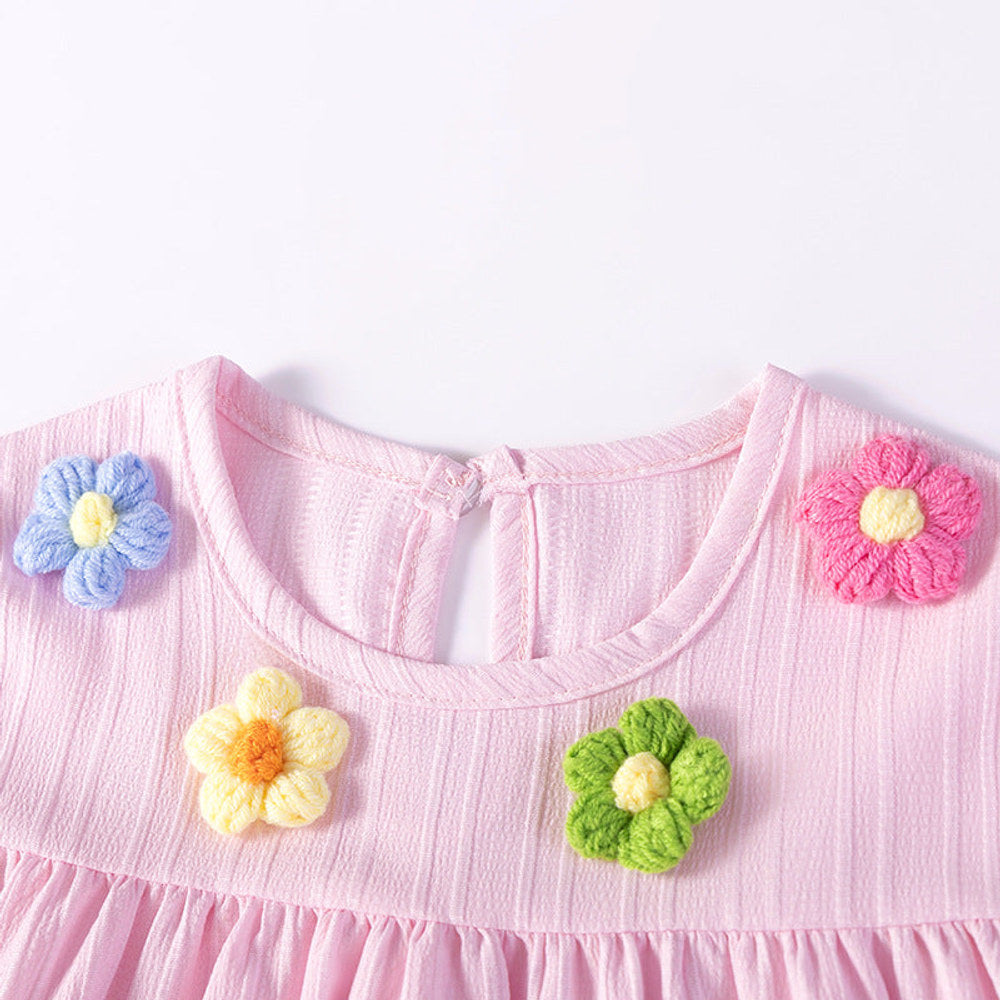 MyKids-USA® Flowers Pattern Short Sleeves Striped Dress for Stylish Girls