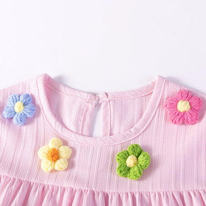 MyKids-USA® Flowers Pattern Short Sleeves Striped Dress for Stylish Girls
