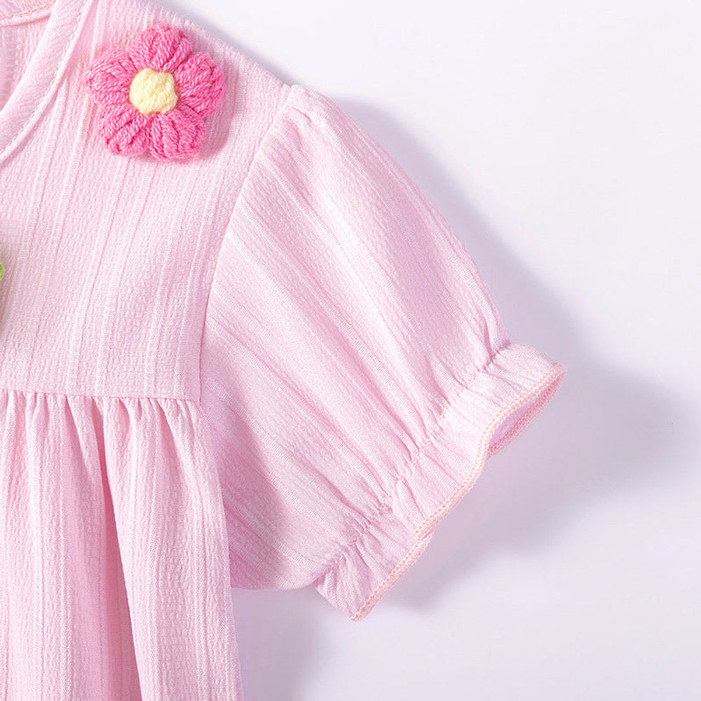 MyKids-USA® Flowers Pattern Short Sleeves Striped Dress for Stylish Girls