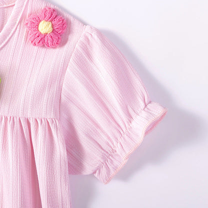 MyKids-USA® Flowers Pattern Short Sleeves Striped Dress for Stylish Girls