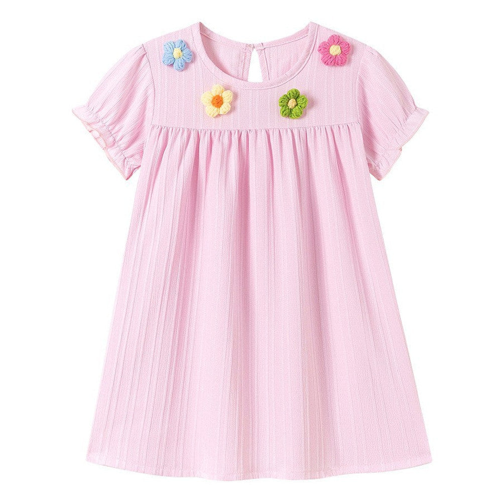 MyKids-USA® Flowers Pattern Short Sleeves Striped Dress for Stylish Girls