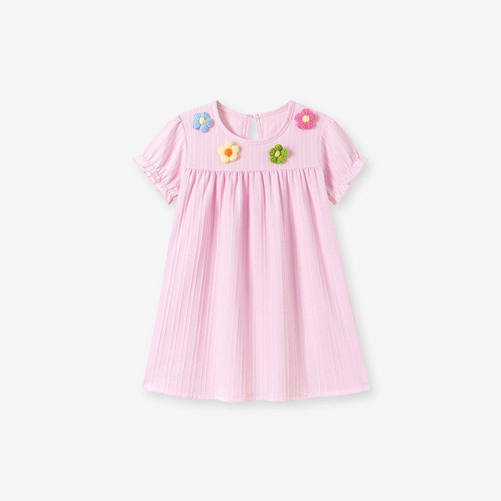MyKids-USA® Flowers Pattern Short Sleeves Striped Dress for Stylish Girls