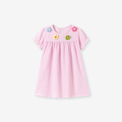 MyKids-USA® Flowers Pattern Short Sleeves Striped Dress for Stylish Girls