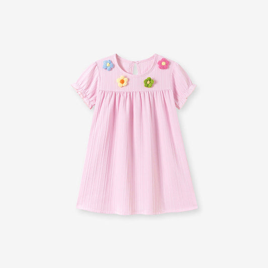 MyKids-USA® Summer Arrival Flowers Pattern Short Sleeves Striped Dress for Stylish Girls