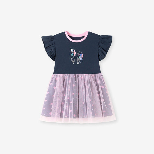 MyKids-USA® Summer Arrival Unicorn and Stars Pattern Fly Sleeves Color Patchwork Dress for Stylish Girls